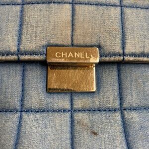 Vintage 2002 Chanel denim chocolate bar gold metallic CC flap bag